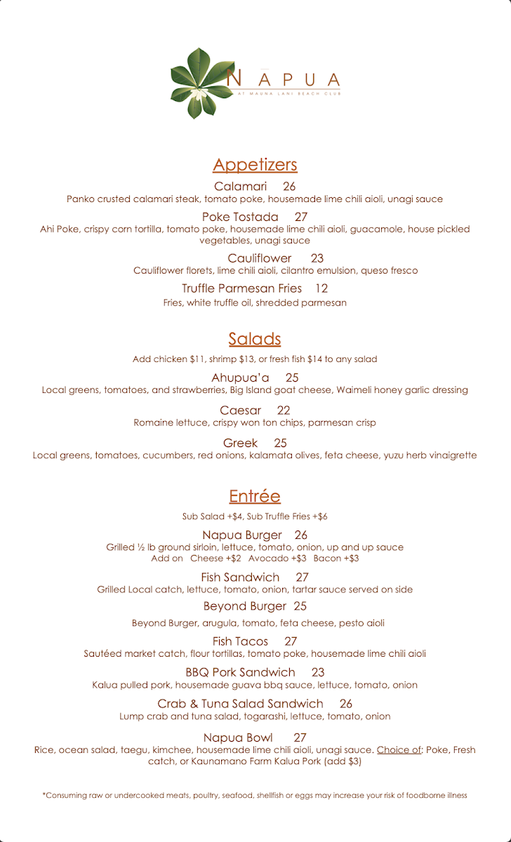Napua at Mauna Lani Beach club Menu - Image 2